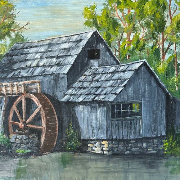 Mid Century Oil Painting Water Wheel Original Art Paintings farmhouse - Picture 2 of 9